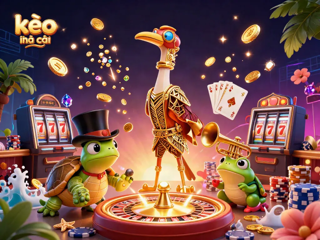 Engage in exciting betting experiences with kèo nhà cái amidst lively casino characters and festive elements.