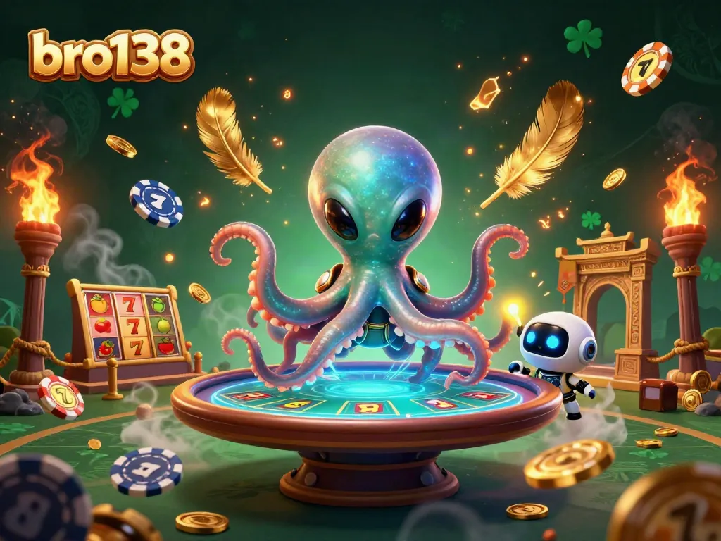 Spin and win at bro138 with an exciting 3D illustration of an alien octopus in a casino!