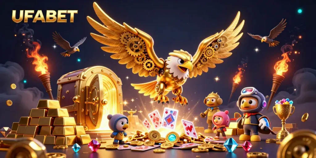 Experience the excitement of UFABET with a dynamic 3D illustration showcasing gambling-themed elements.