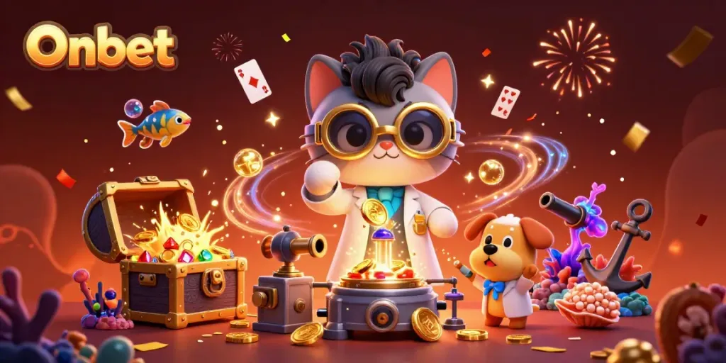 Onbet slots and casino gameplay with a cartoon mad scientist cat and dog, featuring gold coins and gems.