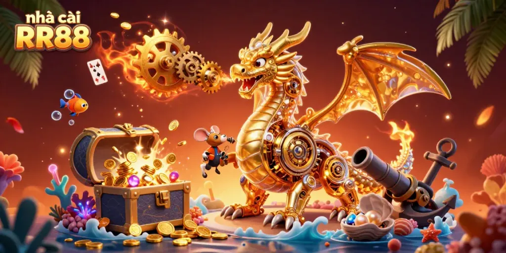Experience thrilling action at nhà cái RR88 with a dynamic illustration of a golden dragon and treasure elements.