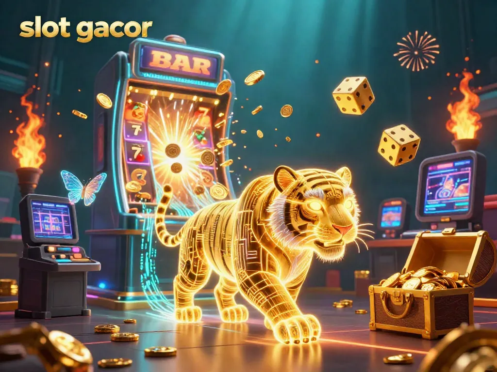 Experience slot gacor excitement with a golden tiger in a vibrant casino landscape, bursting with jackpots and symbols.