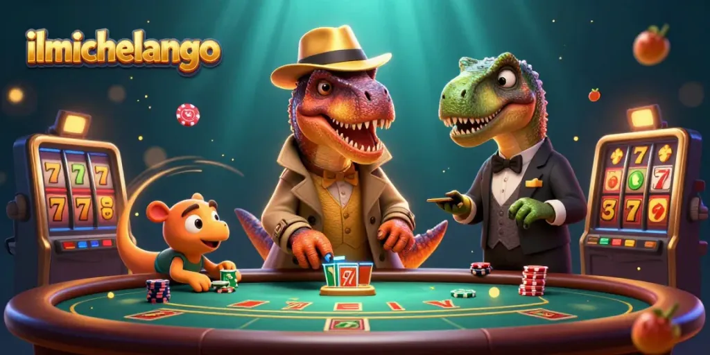 ilmichelangelo showcases a playful velociraptor card counter at a blackjack table amid a vibrant casino scene.