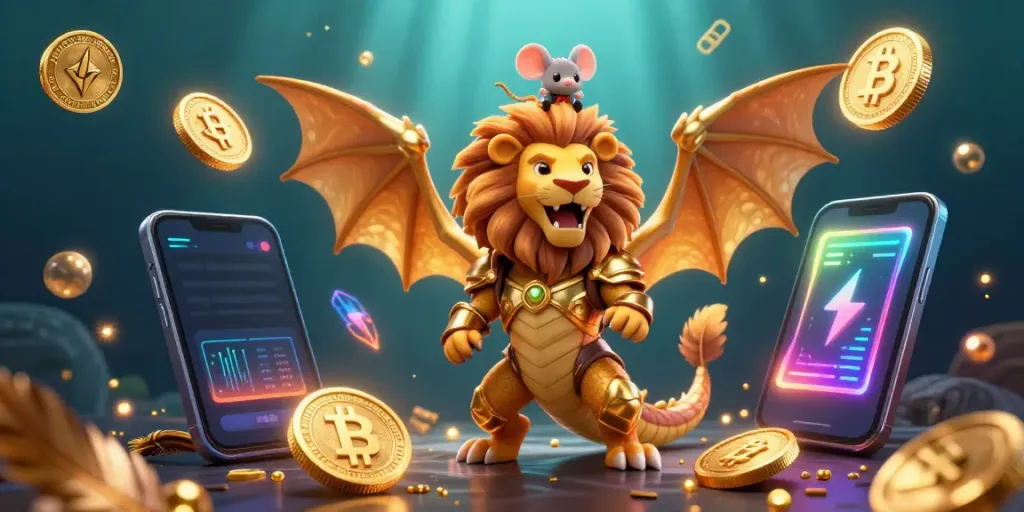 Experience the thrill of lucky rollers with vibrant 3D crypto elements and a dynamic chimera scene.