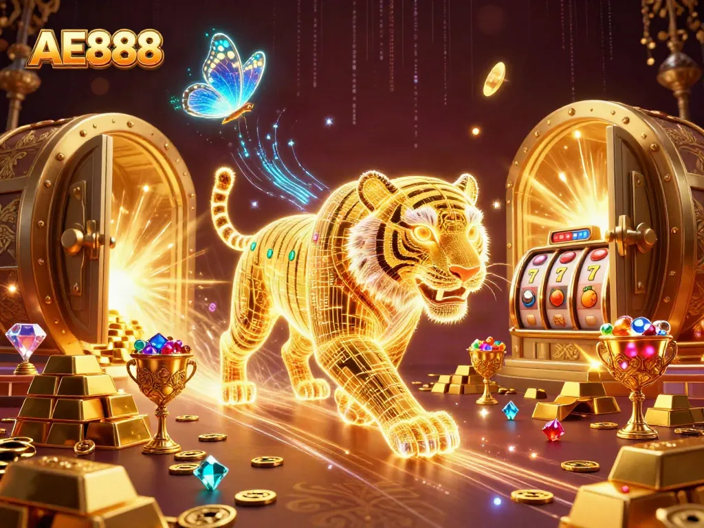 Experience the thrill of AE888 in this energetic digital casino scene with playful slot elements and a radiant golden tiger.