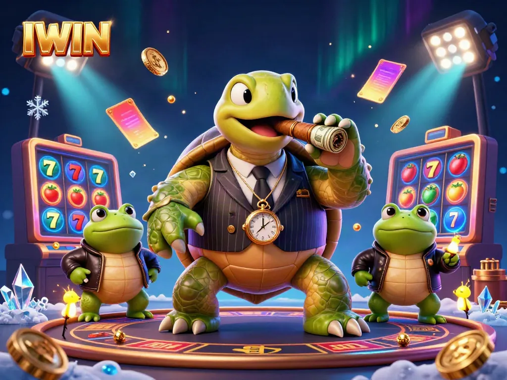 IWIN casino scene with a snapping turtle mobster and bullfrog enforcers surrounded by slots and jackpot elements.