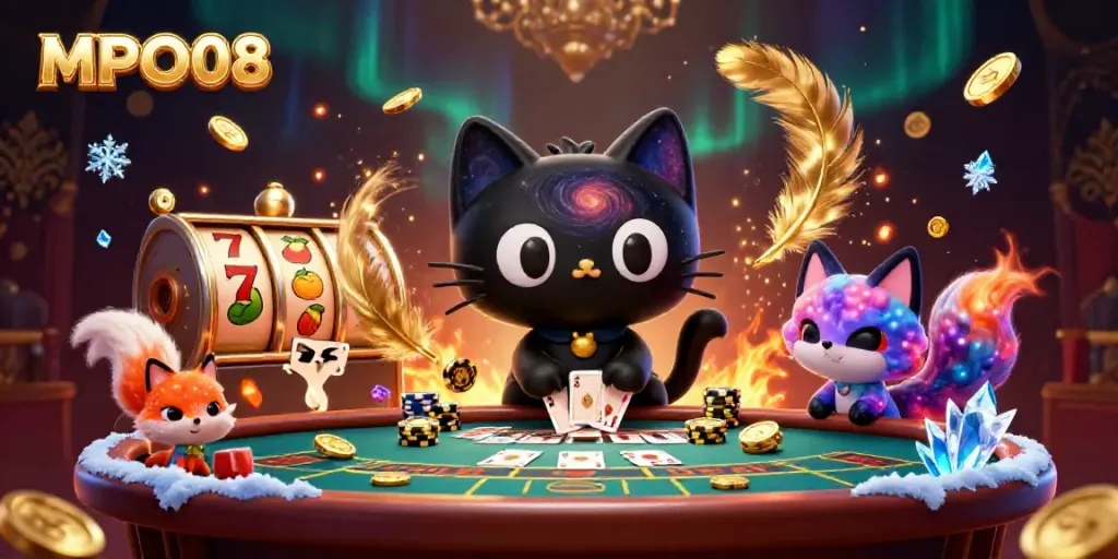MPO08 portal illustration showcasing a cosmic casino scene with a black hole cat and a colorful fox, surrounded by gambling elements.
