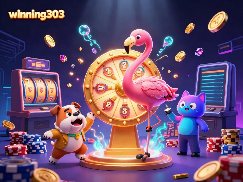 Play the winning303 slot game as an exciting bulldog celebrates big prizes amid golden coins.