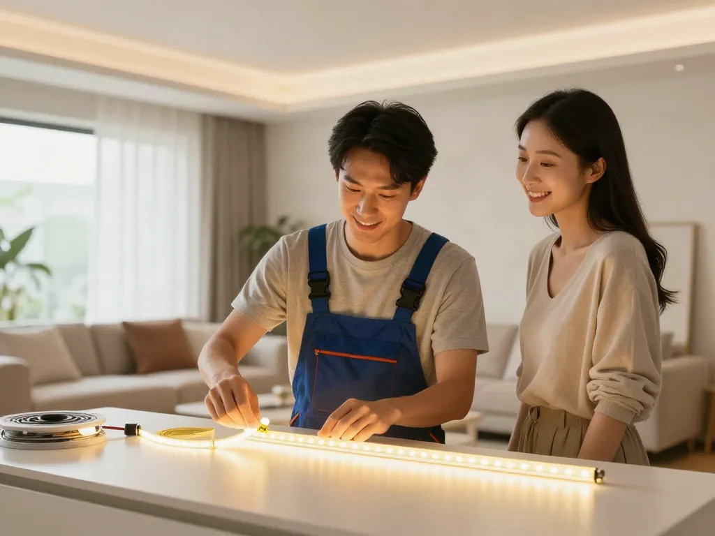 Instalare benzi LED de către un profesionist în livingul modern, oferind un ambient plăcut.
