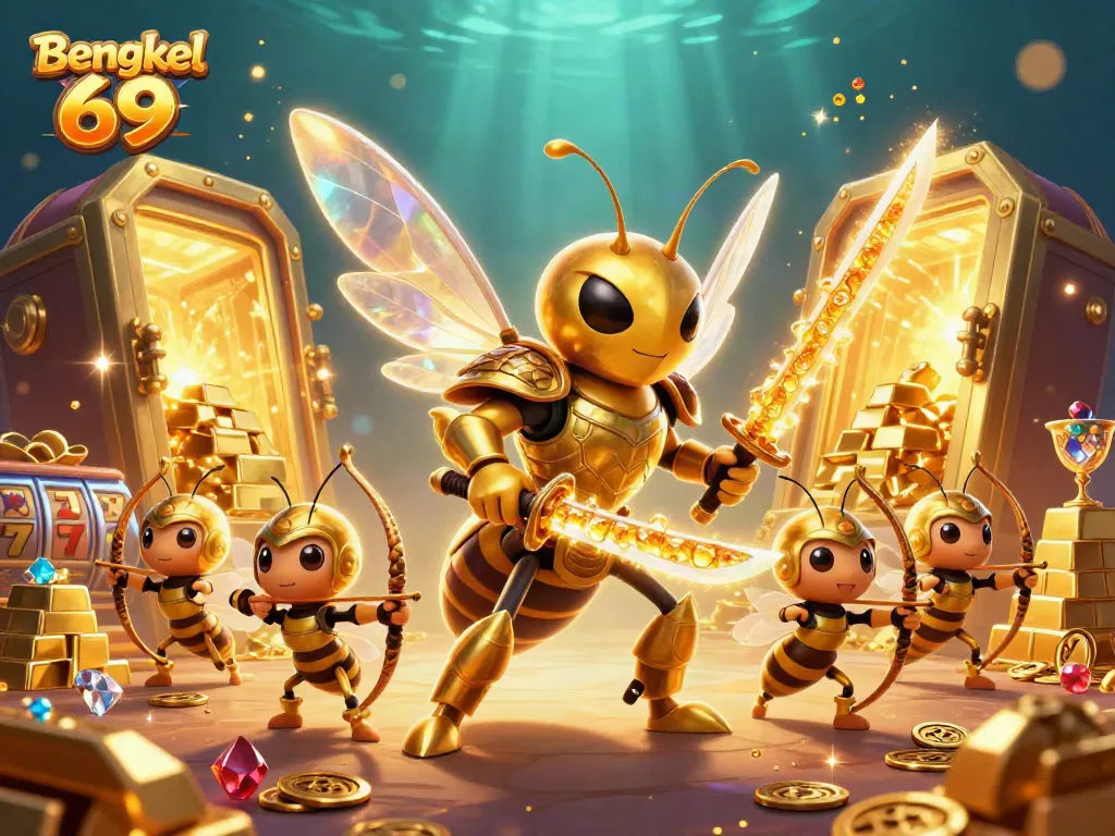 Bengkel 69 showcases a 3D illustration of a golden hornet samurai in a vibrant casino setup, surrounded by treasures and slot reels.