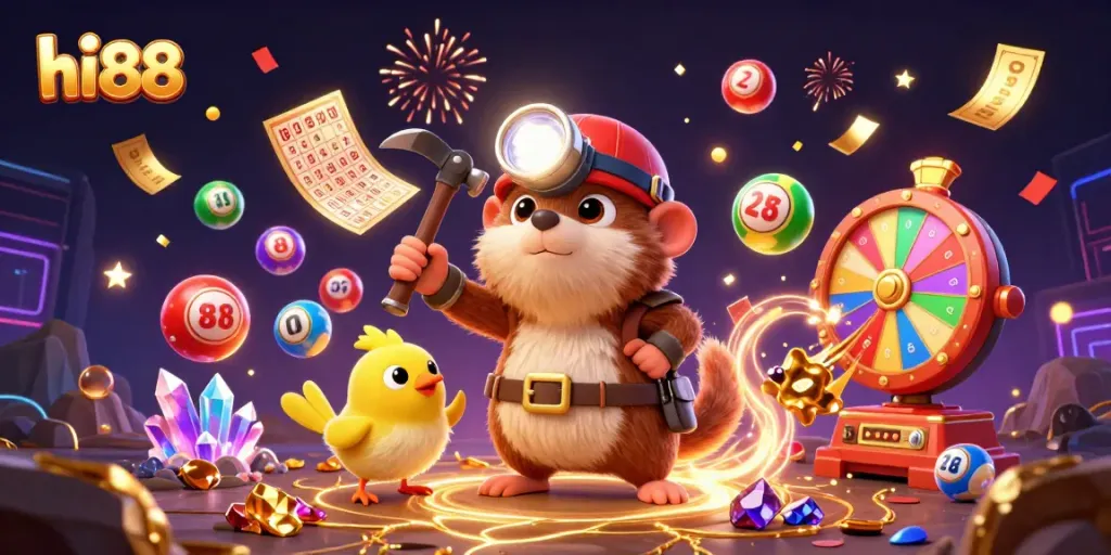 Engage in thrilling gambling with hi88's vibrant 3D illustration showcasing exciting game elements.