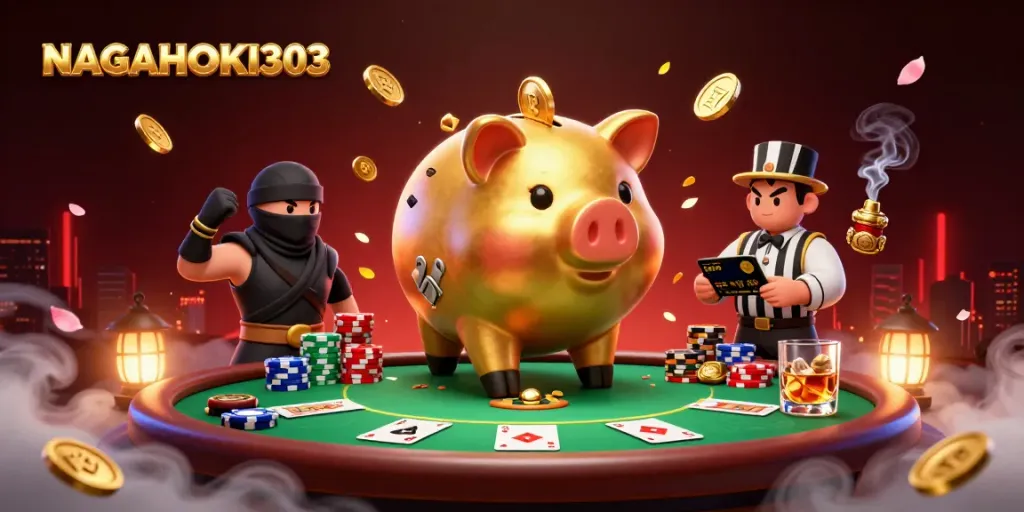 NAGAHOKI303 menampilkan ilustrasi kasino menarik dengan karakter celengan dan ninja di meja poker.
