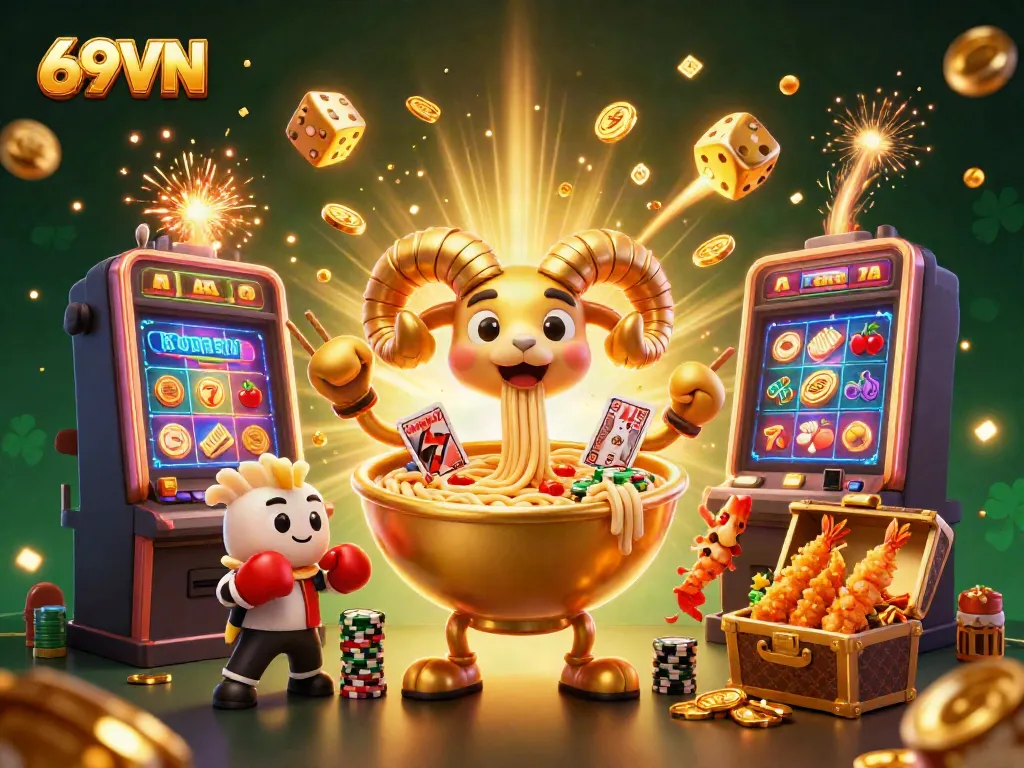 Engage in thrilling gameplay with 69VN featuring a golden ramen bowl dealer amidst jackpot excitement.