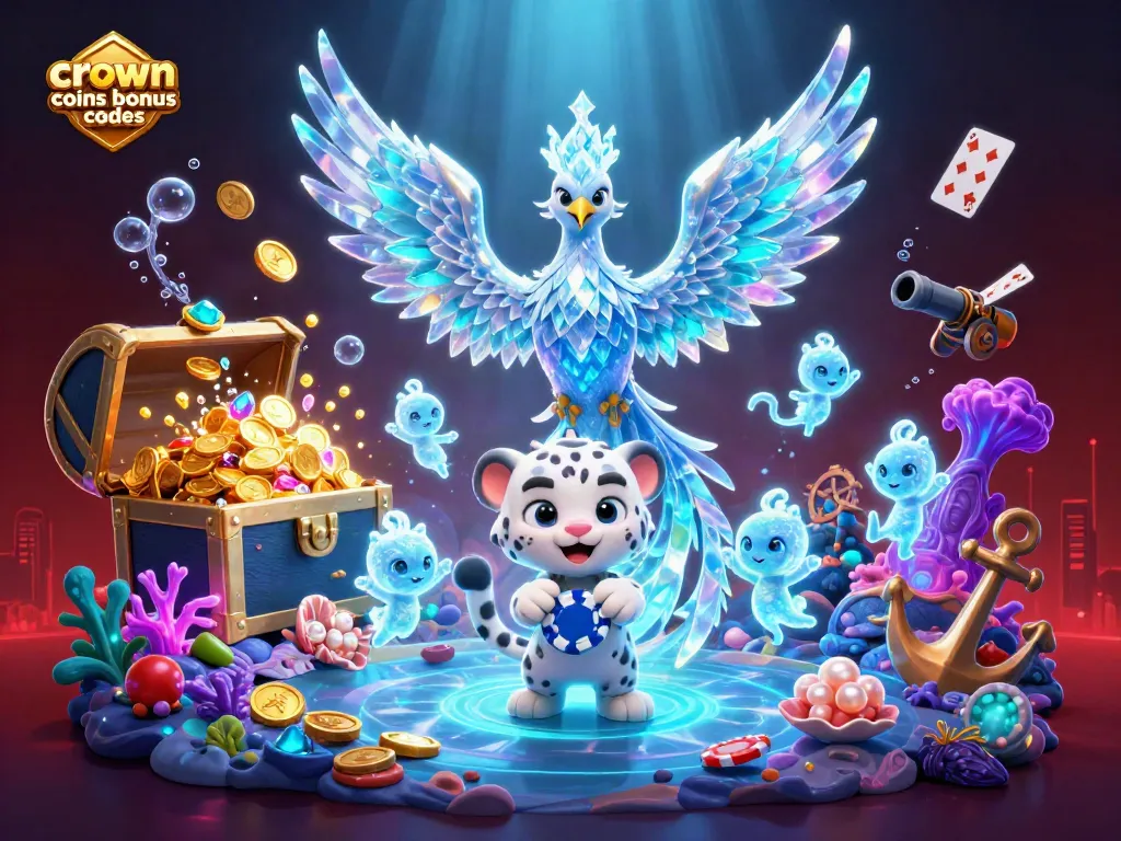 Win with crown coins bonus codes in an imaginative frozen casino world filled with coins and vibrant sprites.