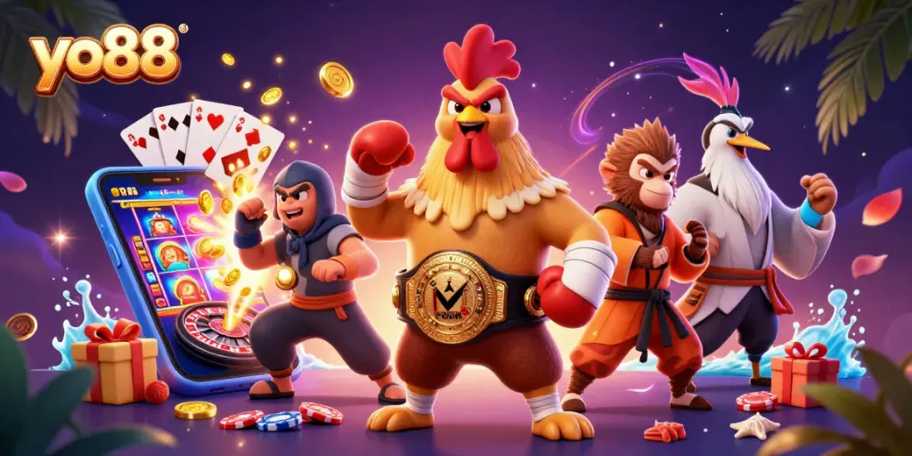 Experience the thrill of yo88 as the Muay Thai rooster and Shaolin monkey join in a vibrant casino action scene.
