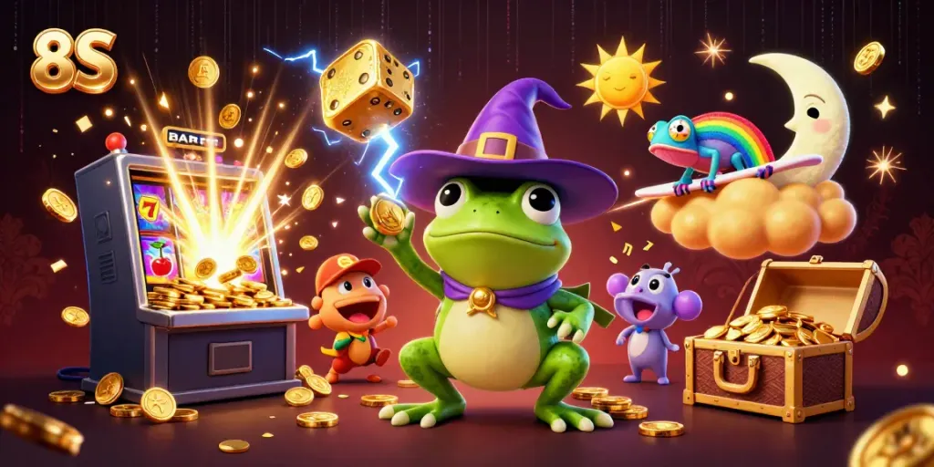 Experience the excitement of 8S with golden coins and lively casino elements bursting forth.