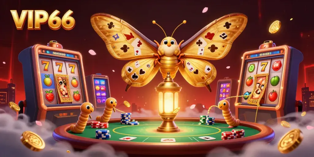 Experience the excitement of VIP66 with a vibrant casino scene featuring a majestic moth and lively slots.