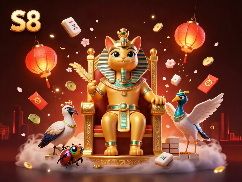Engage with S8's dynamic casino scene featuring Egyptian pharaoh cat royalty alongside magical gambling elements.