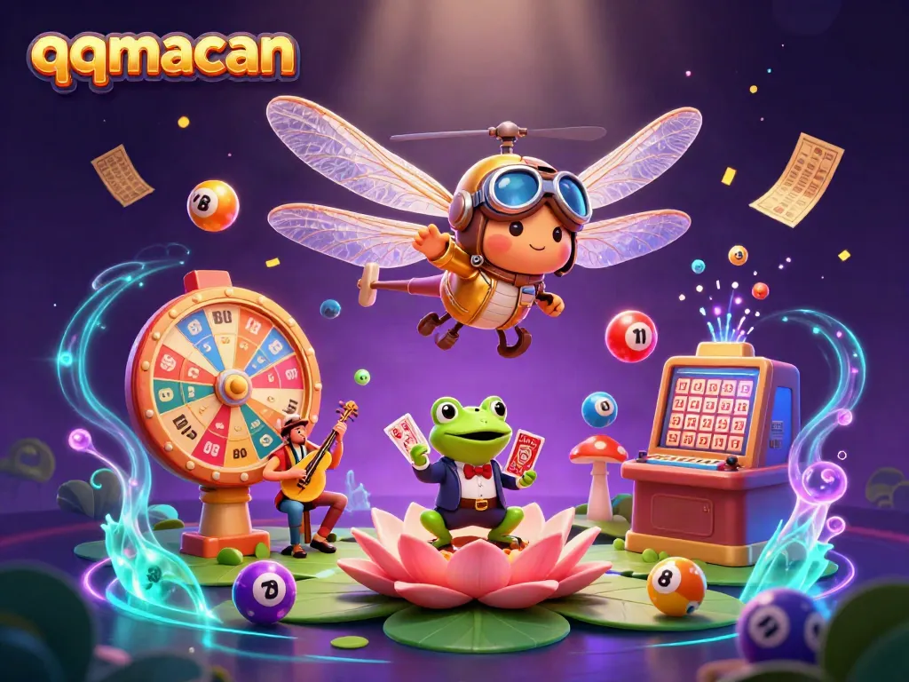 Experience the excitement of qqmacan with a dragonfly pilot and frog croupier in a vibrant casino scene.