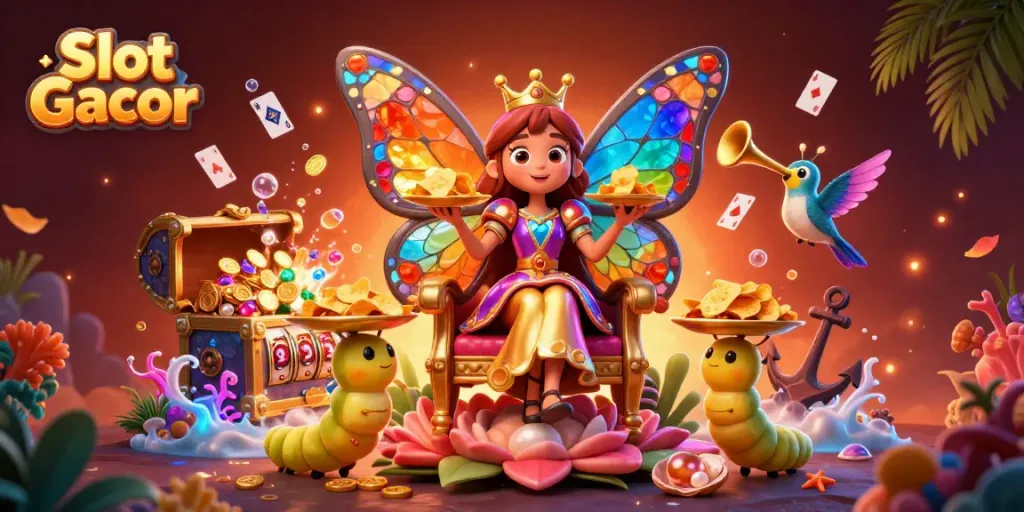 Engage in Slot Gacor with a vibrant 3D illustration showcasing a butterfly queen and dynamic casino elements.