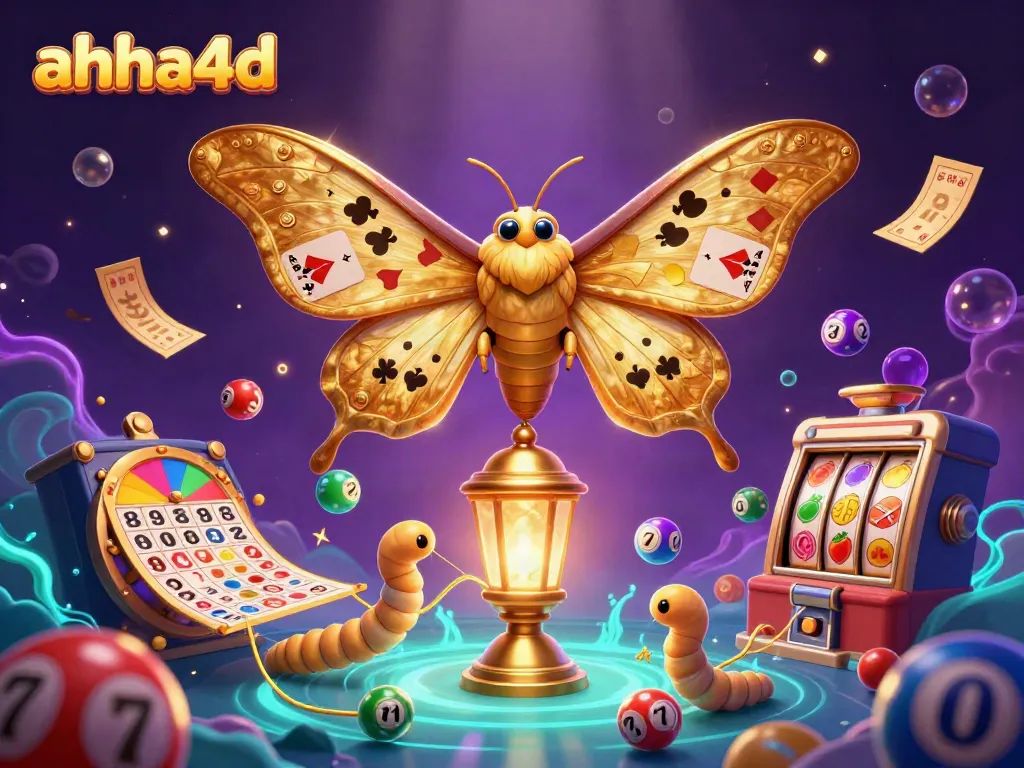 Engage with ahha4d's vibrant gaming theme featuring slots, lottery elements, and a captivating scene.