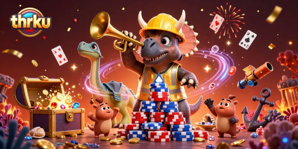 Thrku is celebrating with a colorful casino scene featuring triceratops building poker chips.
