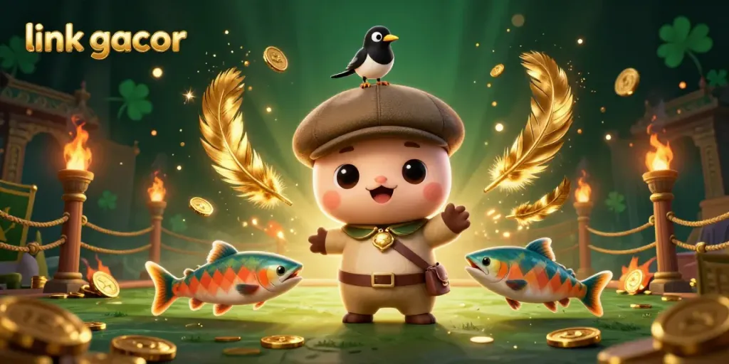 Engaging and colorful illustration depicting the "link gacor" theme with playful casino characters amidst a dynamic scene filled with golden elements.