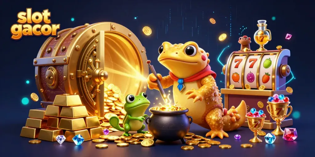 Experience thrilling action on slot gacor reels in a vibrant, gold-rich fantasy scene.