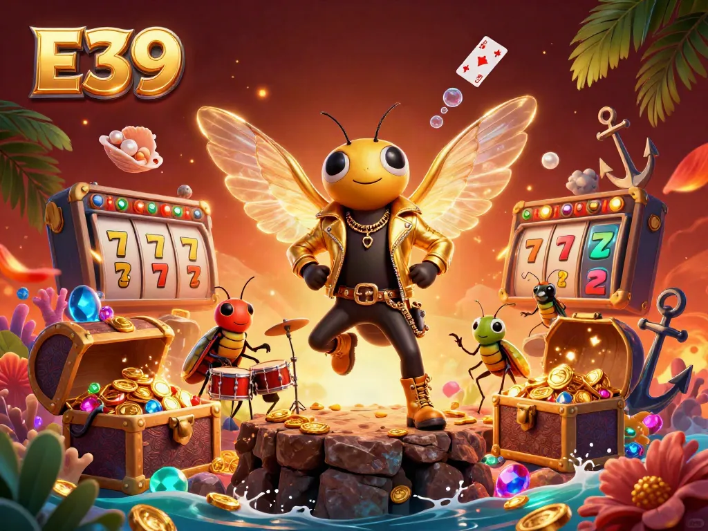 E39 casino adventure with a rock star cicada, treasure chests, and playful elements creating excitement.