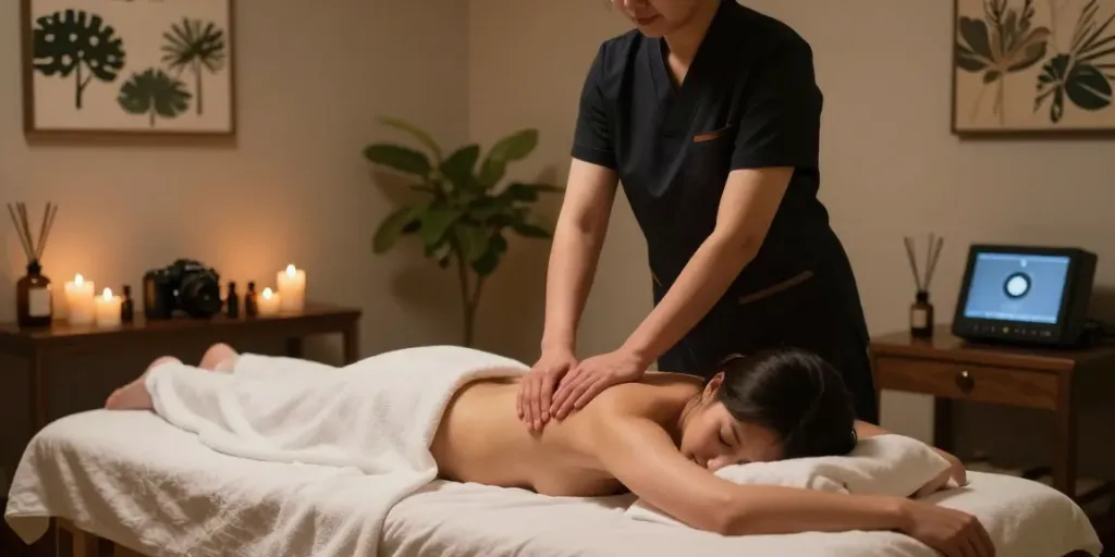 Relaxing 동탄출장안마 session in a serene massage therapy room with ambient lighting and soothing decor.