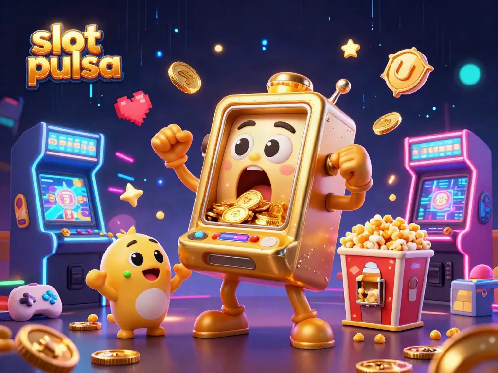 Watch the vibrant slot pulsa machine celebrating a jackpot in this colorful 3D casino scene.