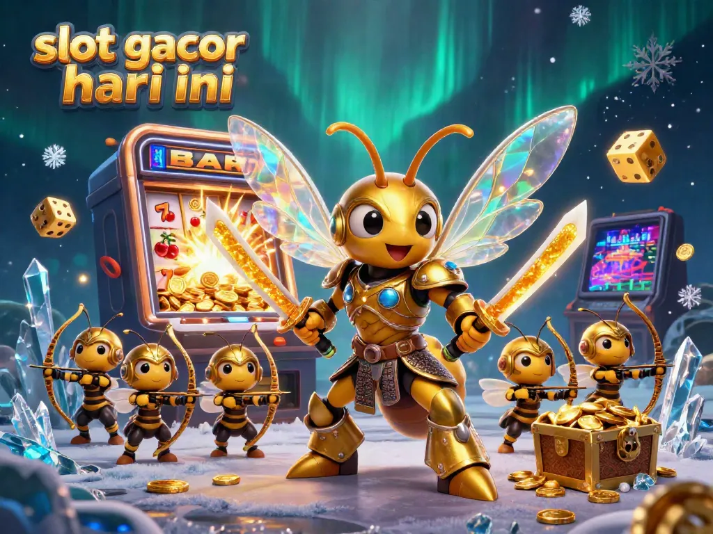 Ilustrasi slot gacor hari ini dengan karakter bersenjata katana dan mesin slot berlimpah koin.
