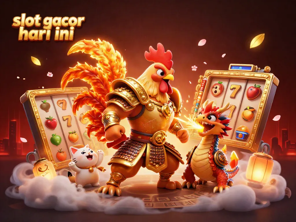 Permainan slot gacor hari ini yang menampilkan karakter ayam jantan dan naga beranama, dikelilingi elemen perjudian.