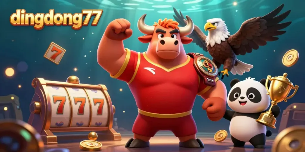 Dingdong77 features a victorious bull mascot with a championship eagle and trophy-holding panda, emphasizing dynamic gameplay.