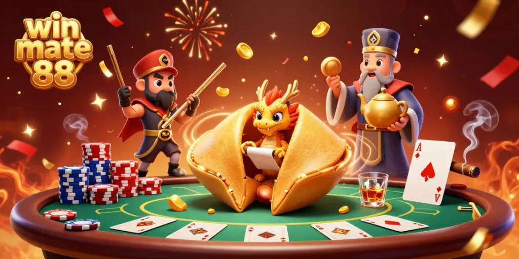 Experience excitement at win mate 88 with golden fortune cookie and poker elements in a vibrant casino scene.